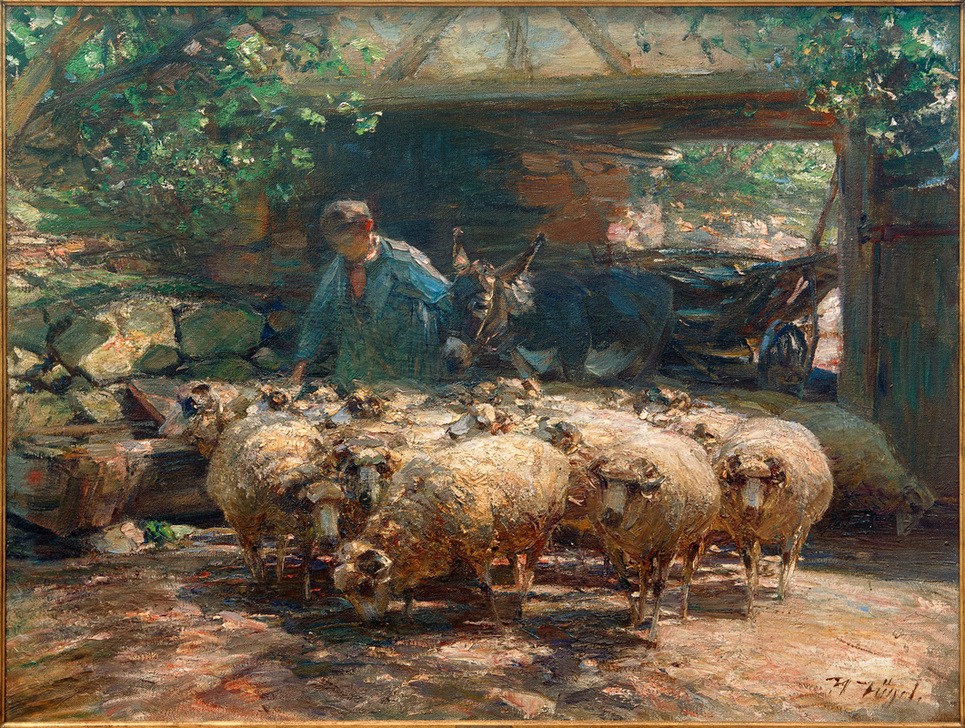 Heinrich von Zügel, Austrieb der Schafherde (Arbeit,Architektur,Bauer (Landwirt),Bauernhof,Biologie,Deutsche Kunst,Kunst,Mann,Mensch,Schafzucht,Sezession,Tor,Wagen,Zoologie,Impressionismus,Hirte,Esel,Schaf,Architekturdarstellung,Tierleben,Tierhaltung,Landleben,Zugtier,Tier,Schafherde,Landbevölkerung)