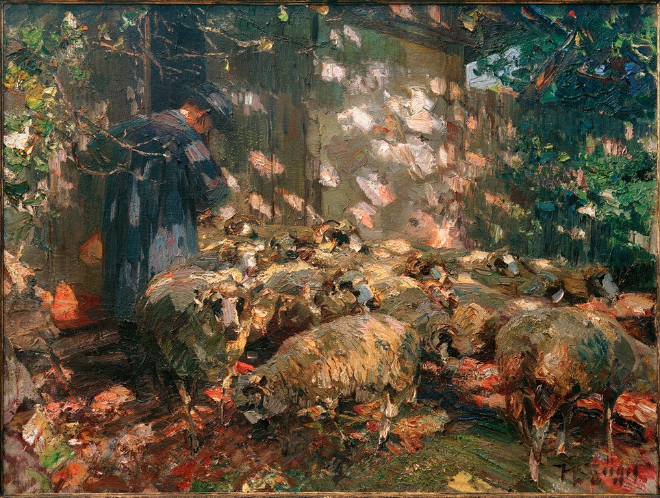 Heinrich von Zügel, Hirte mit Schafen vor dem Stall (Architektur,Bauer (Landwirt),Bauernhof,Biologie,Deutsche Kunst,Jahreszeiten,Kopfbedeckung,Kunst,Mann,Mensch,Schafzucht,Sezession,Sommer,Zoologie,Impressionismus,Hut,Hirte,Stall,Schaf,Architekturdarstellung,Licht,Tierleben,Tierhaltung,Landleben,Sonnenlicht)