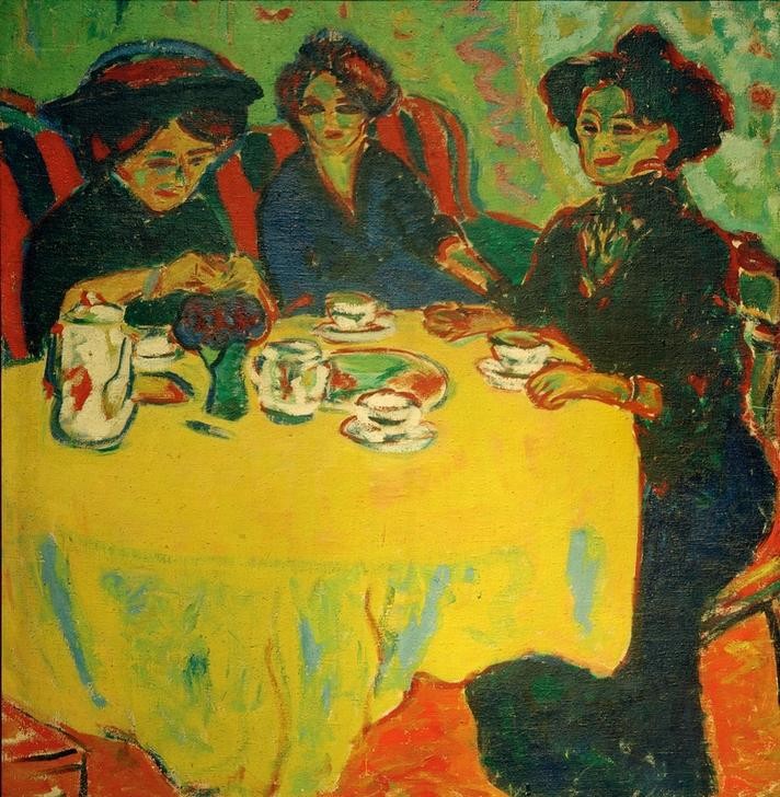 Ernst Ludwig Kirchner, Kaffeetafel (Deutsche Kunst,Kaffee,Nachmittagskaffee,Freizeit,Tafelsitten,Damenkränzchen,Genussmittel,Expressionismus,Die Brücke,Kaffeeklatsch,Frauenleben,Kaffeetrinken)