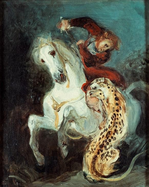 Eugene Delacroix, Cavalier attaqué par un jaguar (Jäger,Jagd,Leopard,Pferd (Tier),Schwert,Waffe,Zoologie,Reiter,Kampf Zwischen Mensch Und Tier,Französische Kunst,Kampf,Raubkatze,Todeskampf,Romantik,Bedrohte Arten,Leopardenjagd,Schimmel (Pferd))