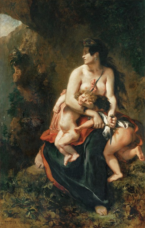 Eugene Delacroix, Medee furieuse ou Medee sur le point de tuer ses enfants (Kunst,Mutter Und Kind,Mythologie,Wahnsinn,Paranoia,Französische Kunst,Romantik,Kindsmord,Griechisch-Römische Mythologie)