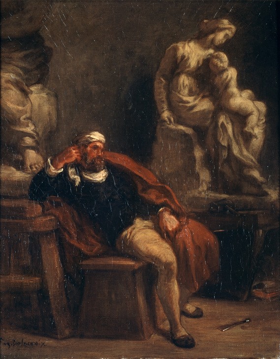 Eugene Delacroix, Michelangelo im Atelier (Atelier,Bildhauer,Künstler,Szene,Portrait,Melancholie,Nachdenken,Französische Kunst,Resignation,Person)