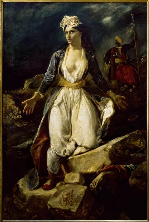 Eugene Delacroix, Griechenlands Untergang auf den Trümmern von Missolunghi (Frau,Geschichte,Krieg,Kunst,Revolution (Allgemein),Verteidigung (Abwehr),Allegorie,Aufstand,Kapitulation,Frau Im Krieg,Griechischer Unabhängigkeitskrieg,Französische Kunst,Osmanisches Reich,Unabhängigkeitskrieg,Niederlage,Romantik)