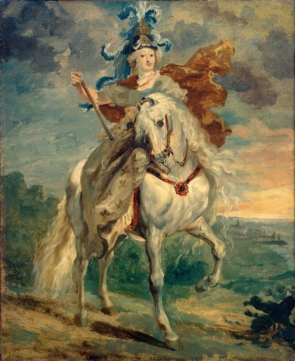 Peter Paul Rubens, Maria Medici in Jülich (Frau,Geschichte,Königin,Pferd (Tier),Barock,Allegorie,Sieg (Erfolg),Portrait,Triumph,Französische Kunst,Reiterin,Jülich-Clevescher Erbfolgestreit,Reiterbildnis,Person,Schimmel (Pferd))