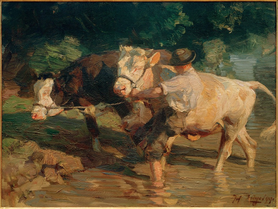 Heinrich von Zügel, Hell- und Schwarzscheck (Bauer (Landwirt),Biologie,Deutsche Kunst,Gewässer,Kopfbedeckung,Kunst,Landschaft,Mann,Mensch,Rinderzucht,Rind,Sezession,Zoologie,Impressionismus,Hut,Hirte,Seil,Tierleben,Ufer,Landleben,Tier,Landbevölkerung,Ochse,Jahrhundertwende,Vieh,Münchner Sezession,Ti)
