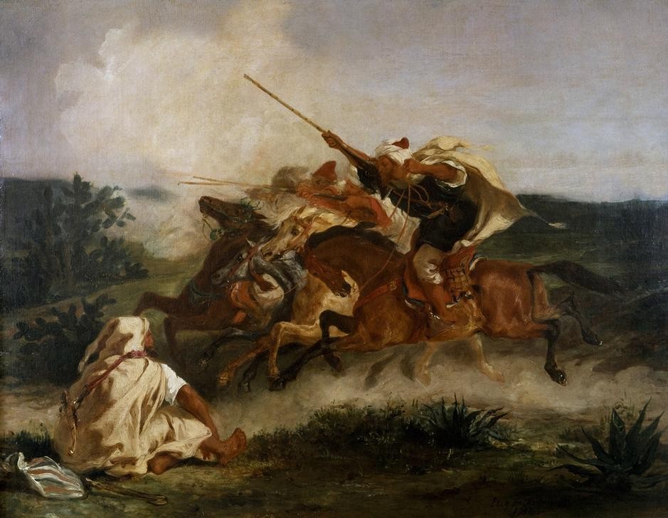 Eugene Delacroix, Fantasia arabe (Arabisch,Kunst,Pferd (Tier),Völkerkunde,Reiter,Orientalismus,Wettkampf,Französische Kunst,Galopp,Schnelligkeit,Tier,Reiten,Romantik,Fantasia (Reiterspiele),Reiterspiele,Bewegung,Land Und Leute,Phantasie,Geschwindigkeit,Reitsport)