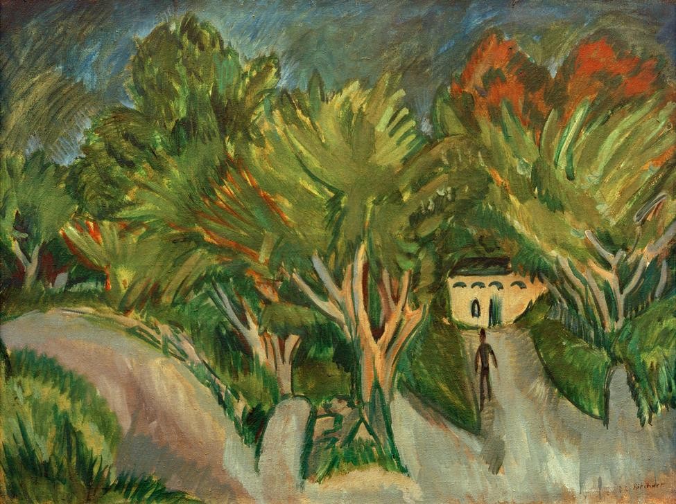 Ernst Ludwig Kirchner, Haus unter Bäumen (Fehmarn) (Deutsche Kunst,Haus,Kunst,Landhaus,Landschaft,Mann,Mensch,Wohnhaus (Allgemein),Wald,Baum,Expressionismus,Die Brücke)