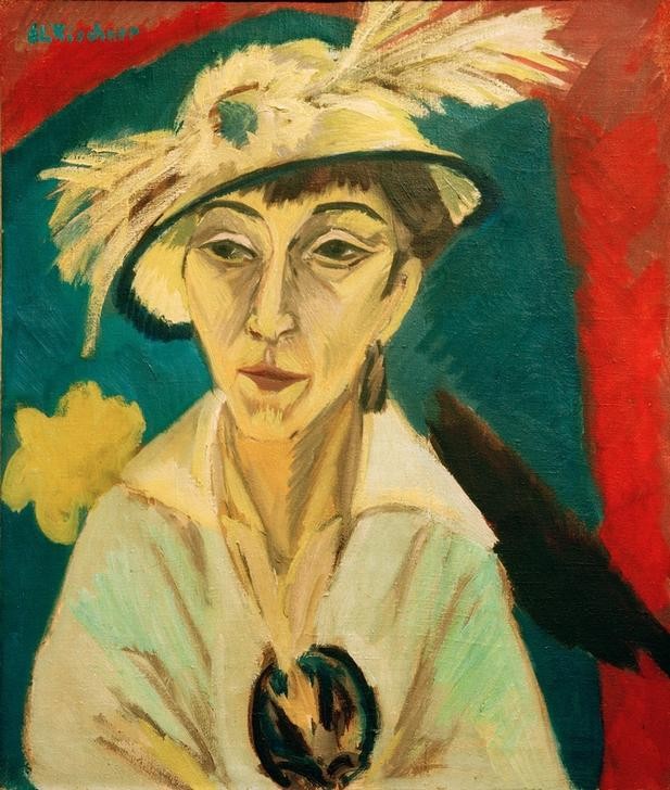 Ernst Ludwig Kirchner, Porträt Erna Schilling (Kranke Frau, Dame mit Hut) (Damenhut,Damenmode,Deutsche Kunst,Frau,Kopfbedeckung,Kranke,Krankheit,Kunst,Mode,Hut,Portrait,Expressionismus,Künstlerfrau,Die Brücke,Brustbild,Person,Hutfeder,Signatur)