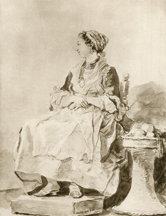 Jean-Honoré Fragonard, Die Neapolitanerin (Frau,Volkskunde,Portrait,Bäuerin,Haube,Schürze,Französische Kunst,Dienstmädchen,Harmonie,Zufriedenheit,Sitzen,Junge Frau,Ganzfigurig)