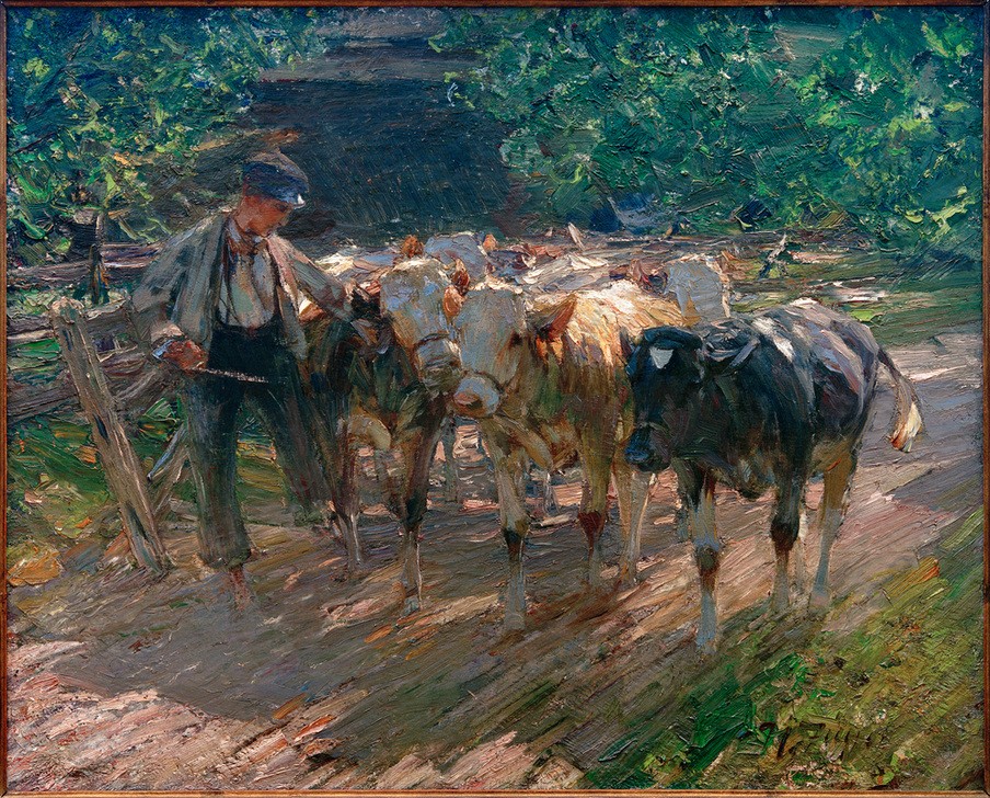 Heinrich von Zügel, Hütejunge führt drei Kälber (Arbeit,Bauer (Landwirt),Biologie,Deutsche Kunst,Dorfkind,Kinderarbeit,Kind,Kopfbedeckung,Kunst,Landschaft,Mensch,Rinderzucht,Rind,Sezession,Weide,Zoologie,Impressionismus,Hut,Hirte,Stock,Kind Und Tier,Weg,Viehtrieb,Tierleben,Knabe,Landleben,Hirtenknabe,Ki)