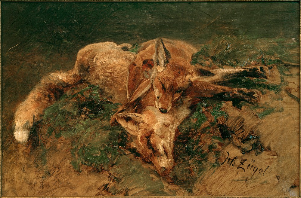 Heinrich von Zügel, Zwei Füchse (Biologie,Deutsche Kunst,Fuchs,Fuchsjagd,Jagd,Kunst,Sezession,Tod,Zoologie,Impressionismus,Stillleben,Raubtier,Tier,Jagdstillleben,Münchner Sezession,Jagdbeute,Signatur,Kadaver)