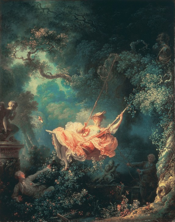 Jean-Honoré Fragonard, Les Hasards heureux de l’escarpolette (Landschaft, Park, Spiel, junge Frau, Jünglinge,  Schaukel, Treppenhaus, Wohnzimmer, Rokoko, Klassiker, Wunschgröße, Malerei, bunt)