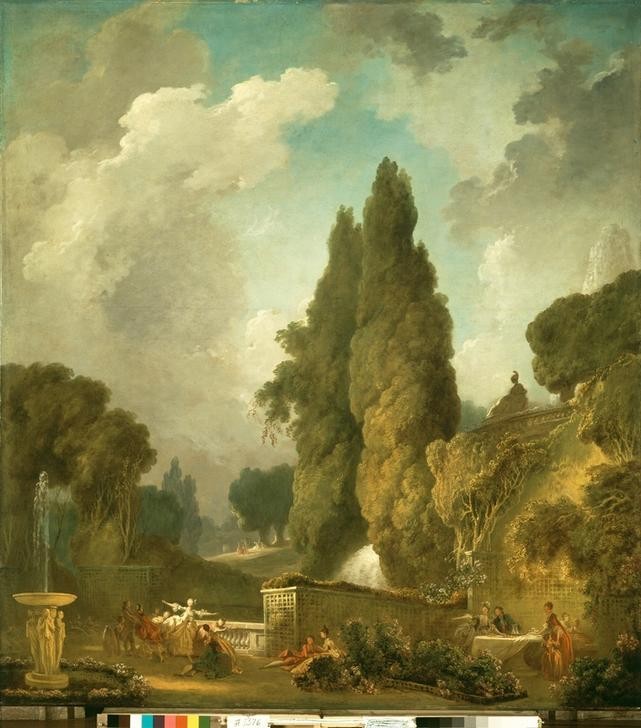 Jean-Honoré Fragonard, Das Blindekuhspiel (Botanik,Garten Und Park,Gesellschaftliches Leben,Gesellschaftsspiel,Jahreszeiten,Menschen Im Park,Park,Freizeit,Sommer,Spiel,Tafelsitten,Brunnen,Baum,Adel,Französische Kunst,Im Freien (Allgemein),Frauenleben,Springbrunnen,Blindekuh)