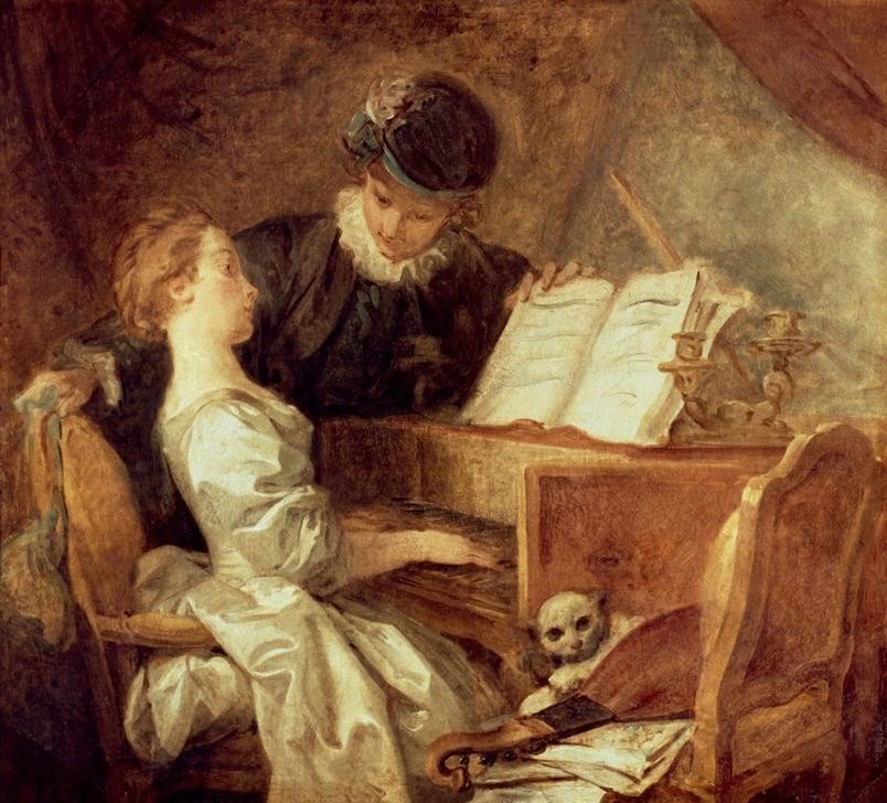Jean-Honoré Fragonard, La leçon de musique (Cembalo, junge Frau, Musiklehrer, Notenblätter, Katze,  Musik, Interieur, Wohnzimmer, Rokoko, Malerei, Wunschgröße  Klassiker, bunt)