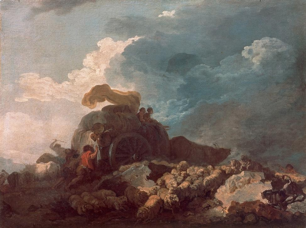 Jean-Honoré Fragonard, L’Orage (Gewitter, Unwetter, Karre, Kutsche, Ochse, Fuhrwerk, Schafherde, Treppenhaus, Wohnzimmer, Rokoko, Klassiker, Wunschgröße, Malerei, bunt)