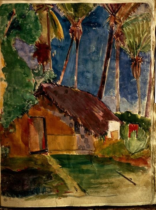 Paul Gauguin, Landschaft auf Tahiti (Insel, Landschaft, Hütte, Palmen, Landschaft, Südsee,  exotisch, Landschaft,  Wunschgröße, Klassische Moderne, Impressionismus, Malerei,  Wohnzimmer,  bunt)