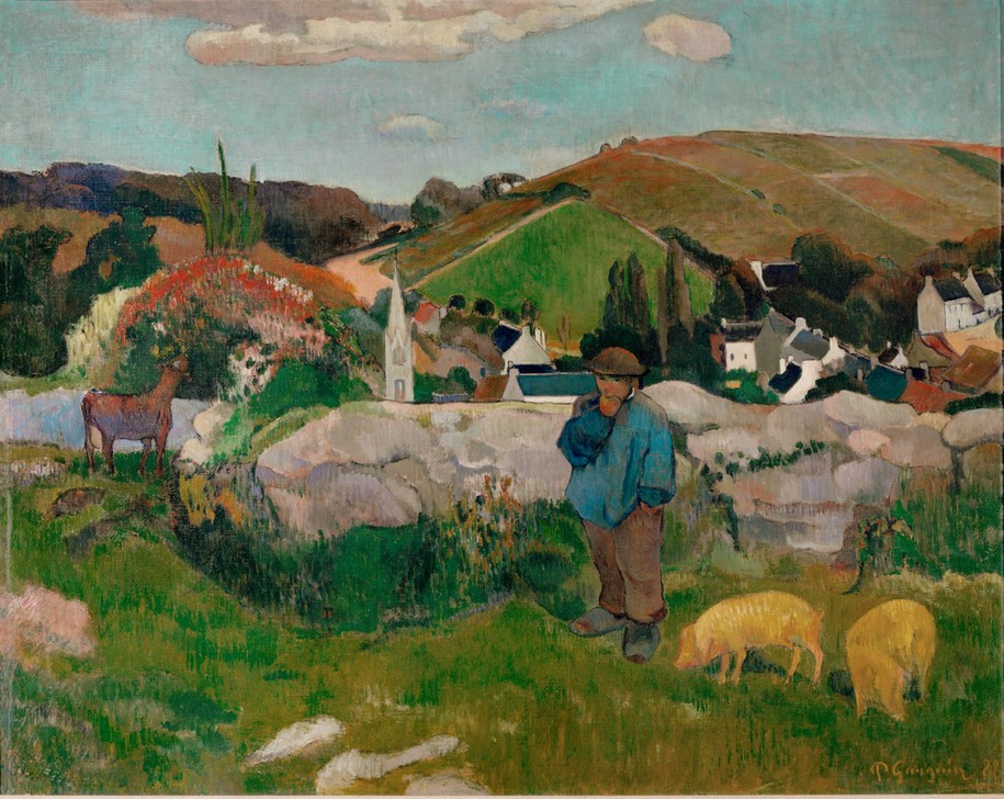 Paul Gauguin, Landschaft in der Bretagne (Bauer (Landwirt),Dorf,Landschaft,Schwein,Volkskunde,Weide,Französische Kunst,Hügel,Tierhaltung,Hände In Den Hosentaschen,Landbevölkerung,Dorfbewohner,Schweinehirt,Land Und Leute,Landwirtschaft,Viehzucht)
