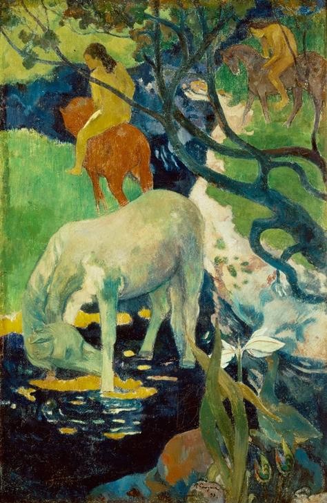 Paul Gauguin, Le cheval blanc (Landschaft,Pferd (Tier),Völkerkunde,Reiter,Tränke,Französische Kunst,Jahrhundertwende,Schimmel (Pferd),Land Und Leute)