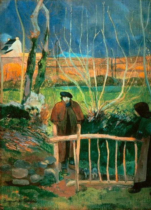 Paul Gauguin, Bonjour M. Gauguin (Künstlerleben,Künstler,Kunst,Landschaft,Mantel,Mann,Mode,Spaziergang,Selbstbildnis,Begrüssung,Portrait,Bäuerin,Ebene,Französische Kunst,Cape,Landleben,Aussenseiter,Begegnung,Entspannung,Synthetismus,Schule Von Pont-Aven,Gatter,Landwirtschaft)