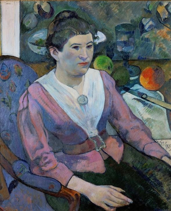 Paul Gauguin, Portrait de femme à la Nature morte de Cézanne (Damenmode,Frau,Mode,Bild Im Bild,Stillleben,Portrait,Bluse,Französische Kunst,Gürtel,Kleidung (Allgemein),Sitzen,Synthetismus,Polsterstuhl,Schule Von Pont-Aven)