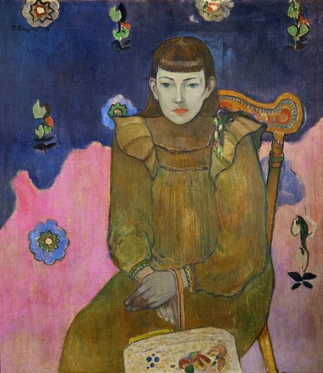 Paul Gauguin, Porträt Vaiite (Jeanne) Goupil (Damenmode,Frau,Handtasche,Kind,Mädchen,Möbel,Tapete,Portrait,Französische Kunst,Tasche,Kleidung (Allgemein),Sessel,Stuhl,Blume,Sitzen,Jahrhundertwende,Junge Frau,Tropen,Geblümt,Flügelärmel,Frisur)