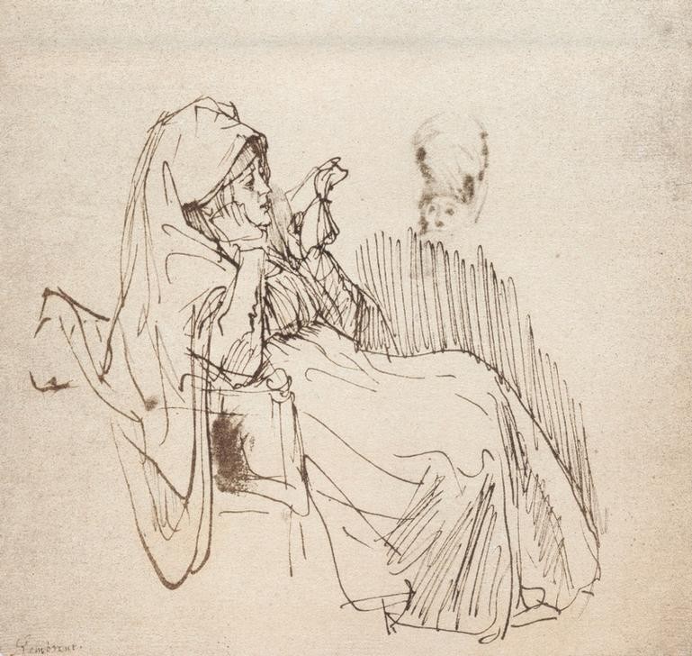Rembrandt Harmenszoon van Rijn, Die Leserin (Buch,Frau,Mensch,Barock,Schleier,Portrait,Lesen (Allgemein),Niederländische Kunst,Holländische Kunst,Leserin,Sitzen,Ganzfigurig,Person)