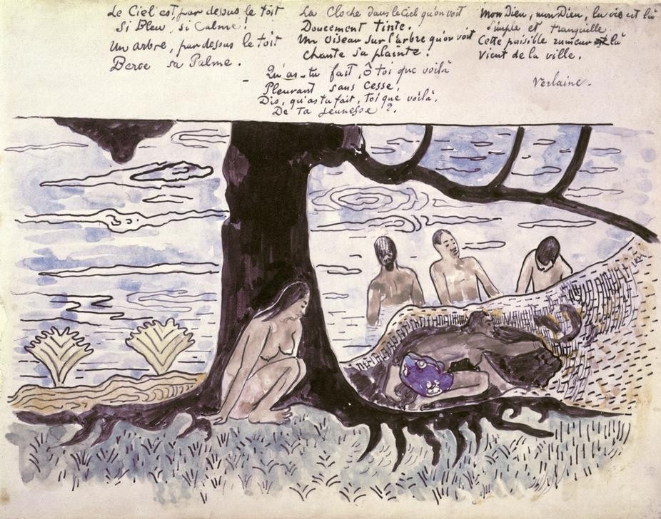 Paul Gauguin, Badende (Bad Im Freien,Bad,Landschaft,Literatur,Akt,Autograph,Französische Kunst,Gedicht,Illustration,Baumstamm)