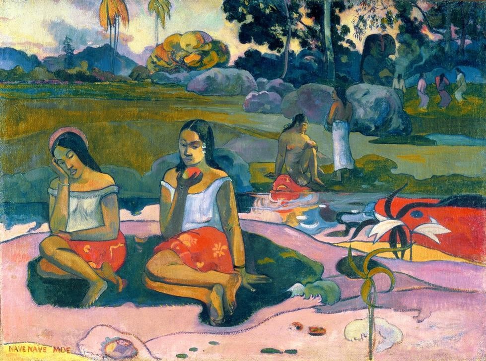 Paul Gauguin, Nave Nave Moe (Christentum,Elemente,Frau,Früchte,Landschaft,Mann,Religion,Völkerkunde,Wasser,Naturreligion,Naturvölker,Akt,Französische Kunst,Harmonie,Heiligenschein,Synästhesie,Exotik,Frauenleben,Gedanken,Jahrhundertwende,Synthetismus,Rot,Wunderquelle,Land Und Leute,Ku)