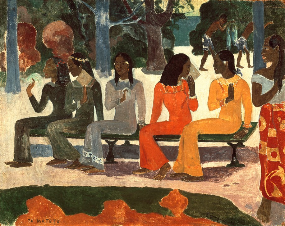 Paul Gauguin, Ta Matete (Damenmode,Fischmarkt,Frau,Gruppenbild,Landschaft,Bank (Sitzgelegenheit),Völkerkunde,Französische Kunst,Kleid,Exotik,Frauenleben,Sitzen,Land Und Leute)