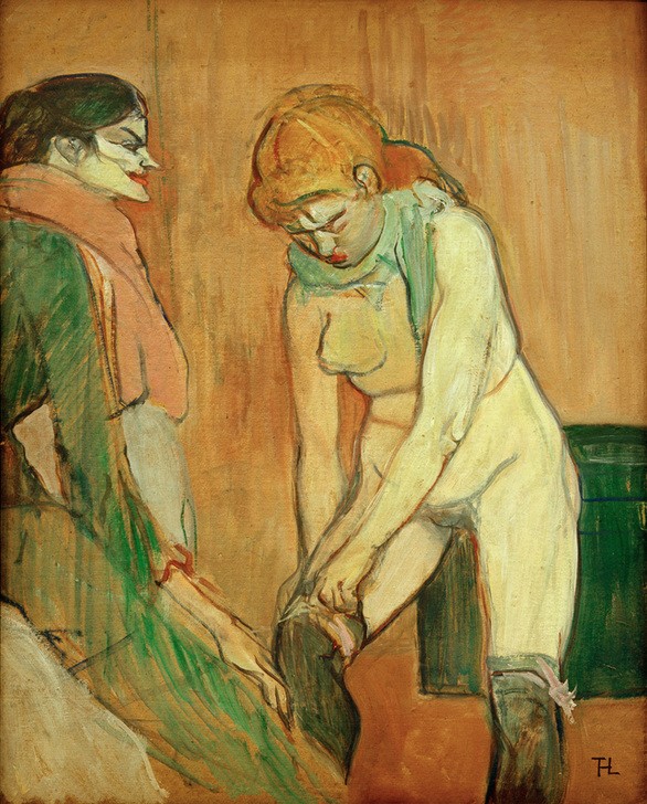 Henri de Toulouse-Lautrec, Femme tirant son bas (Erotik,Frau,Jugendstil,Prostitution,Strumpf,Akt,Ankleiden,Prostituierte,Französische Kunst,Bordell)