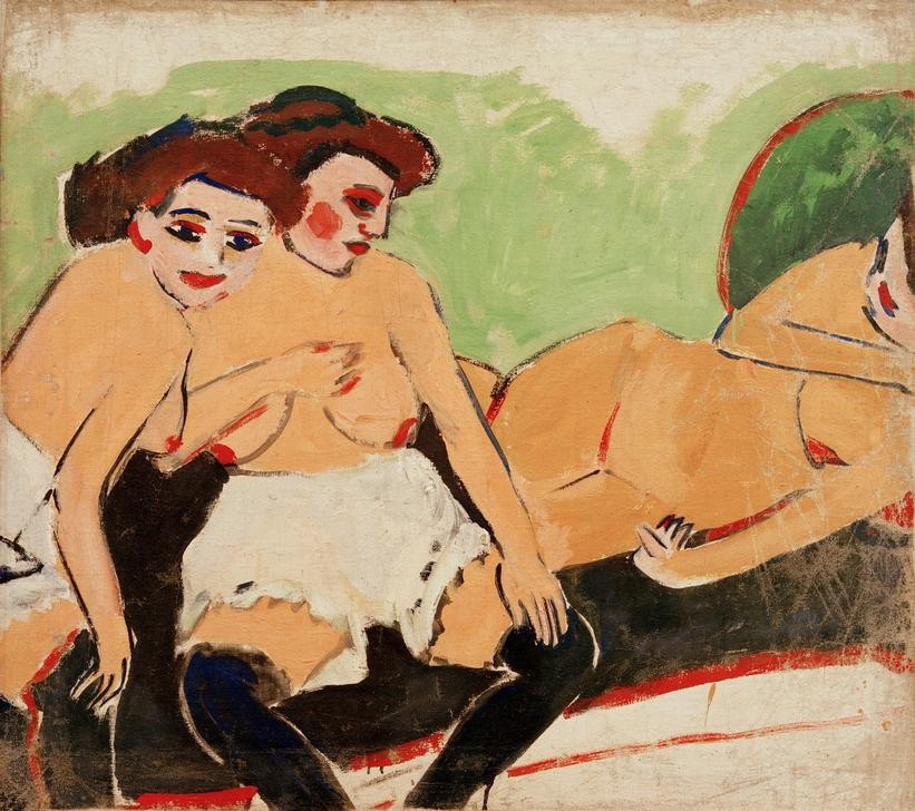 Ernst Ludwig Kirchner, Drei Akte auf schwarzem Sofa (Damenmode,Deutsche Kunst,Frau,Gruppenbild,Kunst,Mode,Strumpf,Unterwäsche (Damen),Akt,Expressionismus,Sofa,Die Brücke,Halbakt,Unterhose)