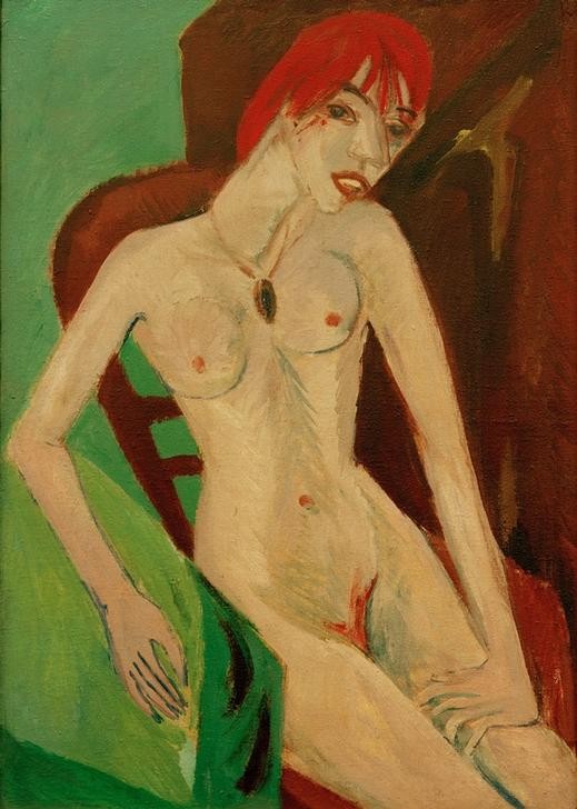 Ernst Ludwig Kirchner, Rothaarige (Deutsche Kunst,Frau,Kunst,Akt,Portrait,Expressionismus,Die Brücke,Rote Haare,Stuhl,Sitzen,Junge Frau,Kniestück,Kurze Haare)
