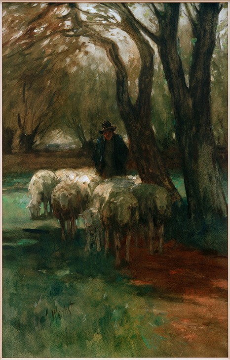 Thomas Ludwig Herbst, Schäfer mit Herde (Bauer (Landwirt),Biologie,Deutsche Kunst,Kunst,Landschaft,Mann,Mensch,Schafzucht,Zoologie,Wald,Impressionismus,Hirte,Baum,Schaf,Weg,Tierleben,Landleben,Tier,Schafherde,Waldweg,Landbevölkerung,Herde,Licht Und Schatten,Vieh,Tierzucht,Männerleben,Nutztier,Me)