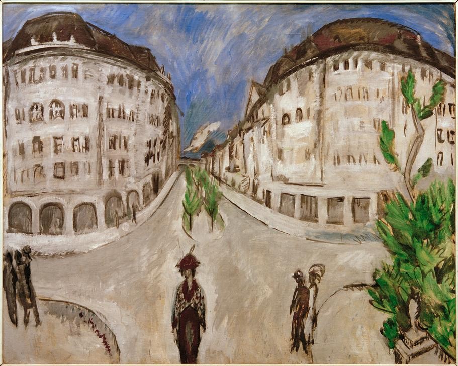 Ernst Ludwig Kirchner, Straße am Stadtpark Schöneberg (Architektur,Deutsche Kunst,Haus,Kunst,Mensch,Stadt,Stadtpark,Strasse (Allgemein),Strassenszene,Grossstadt,Expressionismus,Architekturdarstellung,Die Brücke,Fussgänger,Stadtlandschaft,Gebäude)