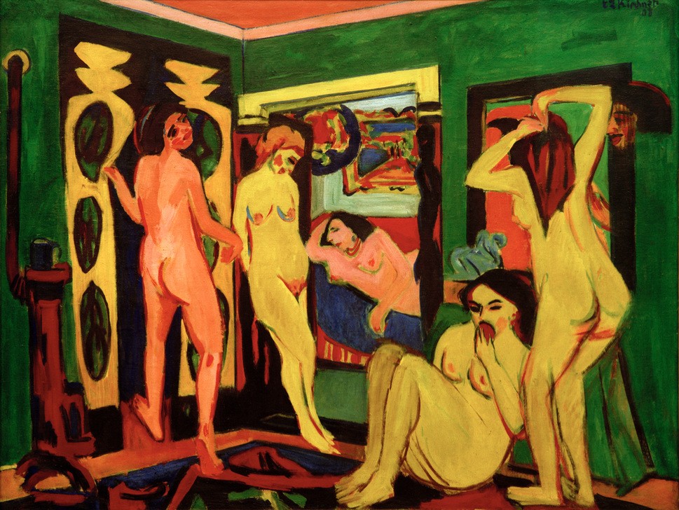 Ernst Ludwig Kirchner, Badende im Raum (Körperpflege,Bad,Deutsche Kunst,Frau,Gruppenbild,Kunst,Toilette (Körperpflege),Akt,Expressionismus,Interieur,Die Brücke,Frauenleben,Ganzfigurig)
