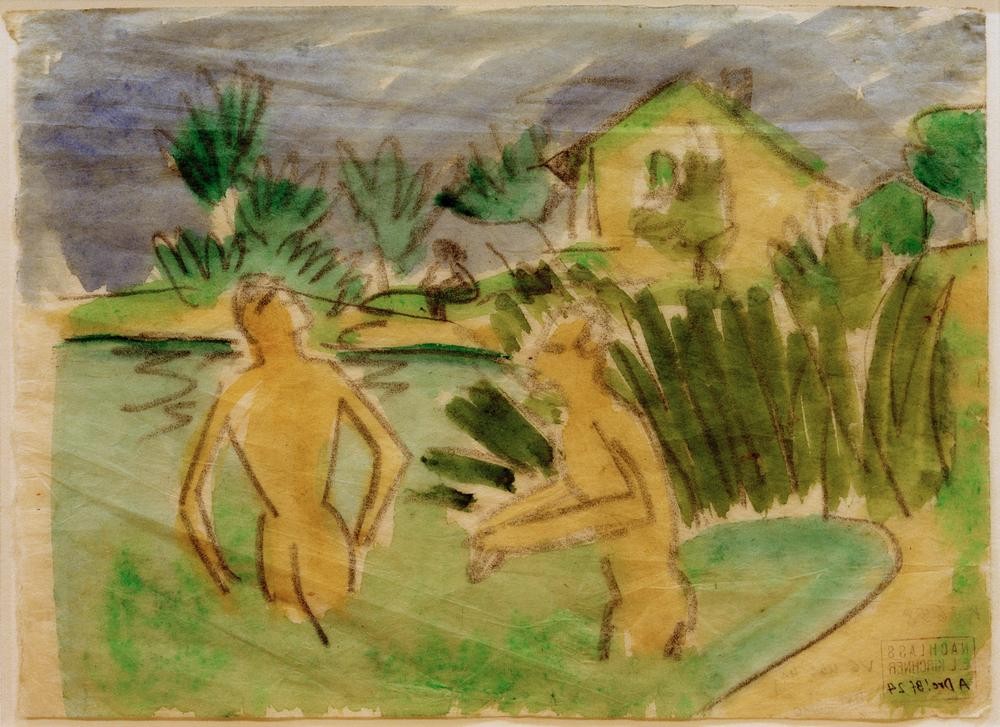 Ernst Ludwig Kirchner, Badende bei Moritzburg (Körperpflege,Bad Im Freien,Bad,Deutsche Kunst,Freikörperkultur,Haus,Kunst,Landschaft,Mann,Mensch,Freizeit,See,Akt,Expressionismus,Die Brücke,Im Freien (Allgemein))