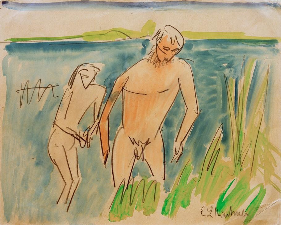 Ernst Ludwig Kirchner, Badende bei Moritzburg (Körperpflege,Bad Im Freien,Bad,Deutsche Kunst,Freikörperkultur,Frau,Kunst,Landschaft,Mann,Mensch,Freizeit,See,Akt,Expressionismus,Die Brücke,Im Freien (Allgemein),Paar)