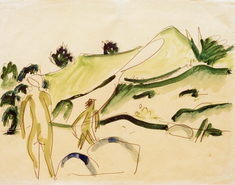 Ernst Ludwig Kirchner, Badende am Strand (Bad Im Freien,Bad,Deutsche Kunst,Freikörperkultur,Kunst,Landschaft,Mensch,Freizeit,Seebad,Strand,Akt,Expressionismus,Reise,Düne,Die Brücke,Im Freien (Allgemein))