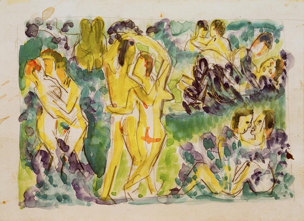 Ernst Ludwig Kirchner, Liebesgarten (Deutsche Kunst,Garten Und Park,Kunst,Liebe,Liebe Und Ehe,Liebespaar,Mensch,Akt,Expressionismus,Liebesgarten,Die Brücke,Paar,Menschen Im Garten,Garten)