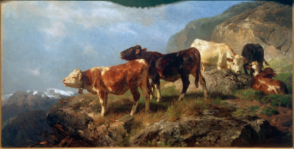Anton Braith (1836-1905), Vieh im Hochgebirge (Biologie,Deutsche Kunst,Gebirge,Kunst,Landschaft,Rinderzucht,Rind,Zoologie,Realismus,Glocke,Tierleben,Tierhaltung,Tier,Vieh,Freilandhaltung,Kuhglocke,Tierzucht,Nutztier,Landwirtschaft,Viehzucht,Aussicht)