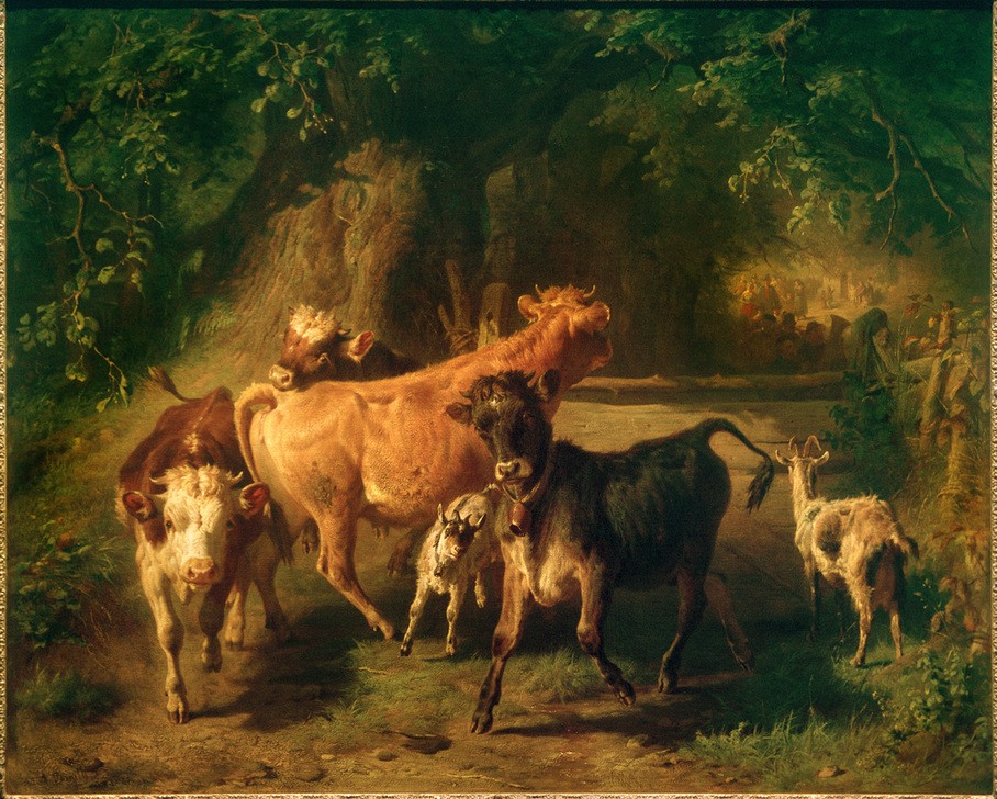 Anton Braith (1836-1905), Jungvieh und Ziegen (Deutsche Kunst,Familienfeste,Feste,Gesellschaftliches Leben,Hochzeit,Kunst,Landschaft,Liebe Und Ehe,Mensch,Rinderzucht,Rind,Wald,Ziege,Zaun,Realismus,Baum,Beobachten,Genre,Im Freien (Allgemein),Tierleben,Tierhaltung,Tier,Hochzeitszug,Jungtier,Kalb,Vieh,Mü)