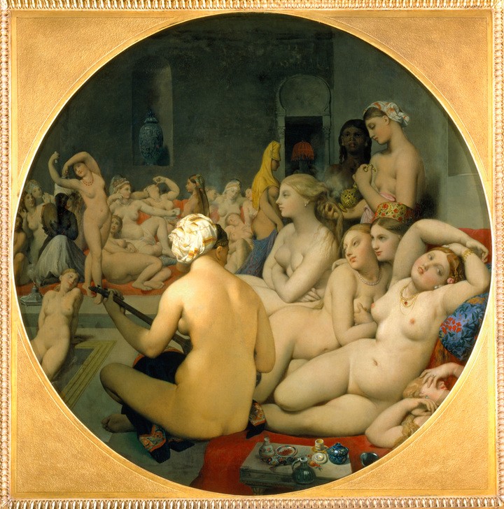 JEAN-AUGUSTE-DOMINIQUE INGRES, Das türkische Bad (Körperpflege,Bad,Erotik,Essgeschirr,Frau,Haarpflege,Kaffee,Kopfbedeckung,Mädchen,Musiker,Musik,Tanz,Völkerkunde,Genussmittel,Klassizismus,Akt,Turban,Orientalismus,Portrait,Harem,Tondo,Rückenakt,Französische Kunst,Türkisches Bad,Nacktheit,Frauenbad,Kleidun)