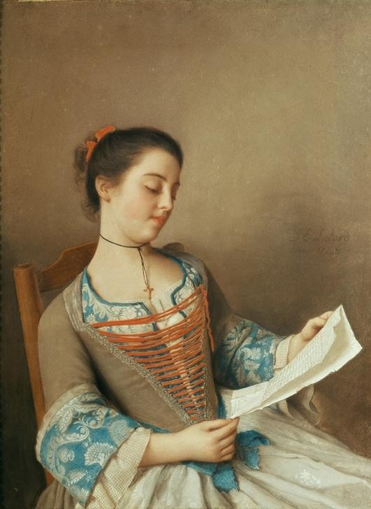 Jean-Étienne Liotard, Die schöne Leserin (Brief,Damenmode,Frau,Haarmode,Jugend (Lebensalter),Kreuz,Liebe,Liebespaar,Mädchen,Mieder,Mode,Schmuck,Schreiben Und Schrift,Sitzmöbel,Textil,Valentinstag,Unschuld,Schönheit,Rokoko,Portrait,Lesen (Allgemein),Halskette,Kruzifix,Liebesbrief,Nichte,Schweizeri)