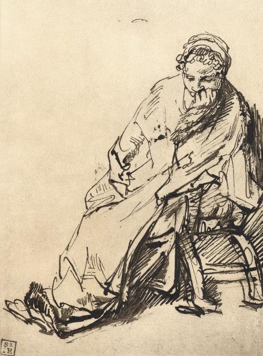 Rembrandt Harmenszoon van Rijn, Sitzende, nachdenklich zu Boden blickende Frau. (Frau,Mensch,Barock,Portrait,Melancholie,Nachdenken,Niederländische Kunst,Tagtraum,Verträumt,Ausruhen,Sitzen,Kopf Stützen,Ganzfigurig,Schlafen (Schlaf),Im Sitzen Schlafen,Nickerchen)