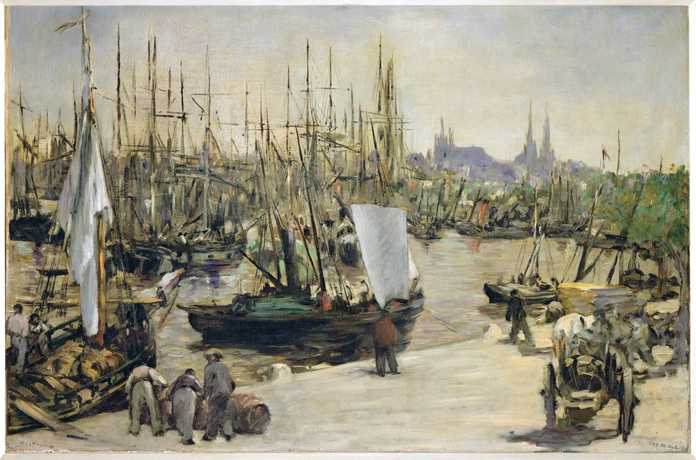 Edouard Manet, Le port de Bordeaux (Hafen,Schiff,Segelschiff,Impressionismus,Segelboot,Stadtansicht,Französische Kunst,Hafenleben,Schifffahrt)