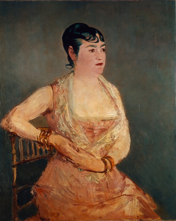 Edouard Manet, La Dame rose (Damenmode,Frau,Dekollete,Portrait,Bürgertum,Französische Kunst,Doppelkinn,Schwarze Haare,Frisur)