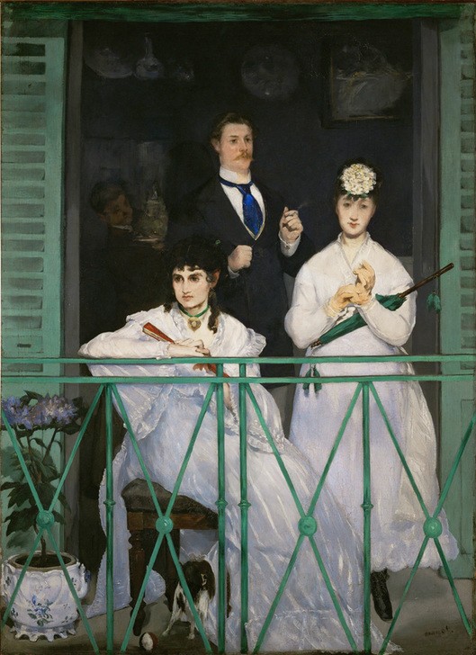 Edouard Manet, Le balcon (Architektur,Balkon,Damenmode,Fächer,Frau,Gruppenbild,Herrenmode,Künstlerleben,Mann,Mode,Freizeit,Zigarette,Lebemann,Impressionismus,Krawatte,Rauchen,Hund,Femme Fatale,Schmiedeeisen,Sonnenschirm,Bürgertum,Französische Kunst,Publikum,Schosshund,Kleid,Hausti)