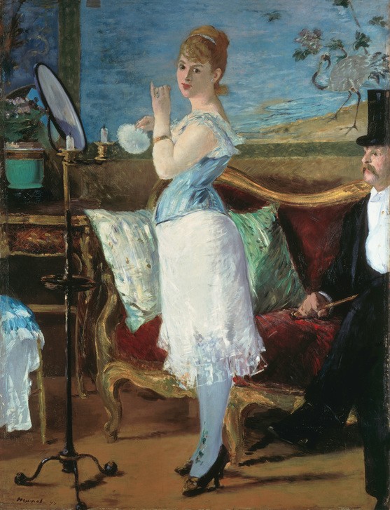 Edouard Manet, Nana (Damenmode,Kurtisane,Frau,Kosmetik,Literatur,Mode,Prostitution,Puder,Spiegel,Unterwäsche (Damen),Portrait,Roman,Boudoir,Französische Kunst)