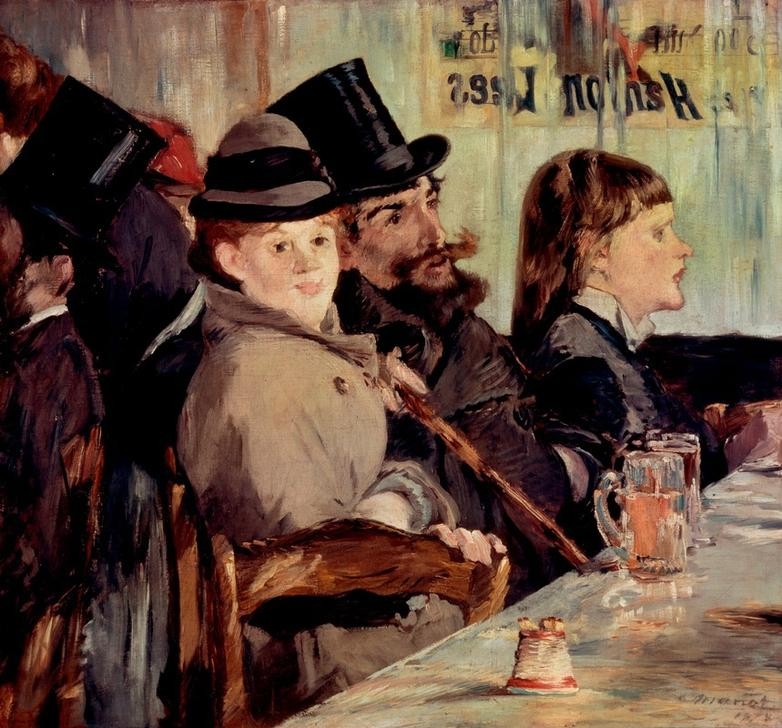 Edouard Manet, Au cafe (Alkohol,Bier,Damenhut,Essen Und Trinken,Frau,Gastronomie,Herrenmode,Künstlerleben,Mann,Freizeit,Zylinder (Hut),Französische Kunst,Paar,Cafe,Müssiggang,Bierkrug,Spiegelschrift)