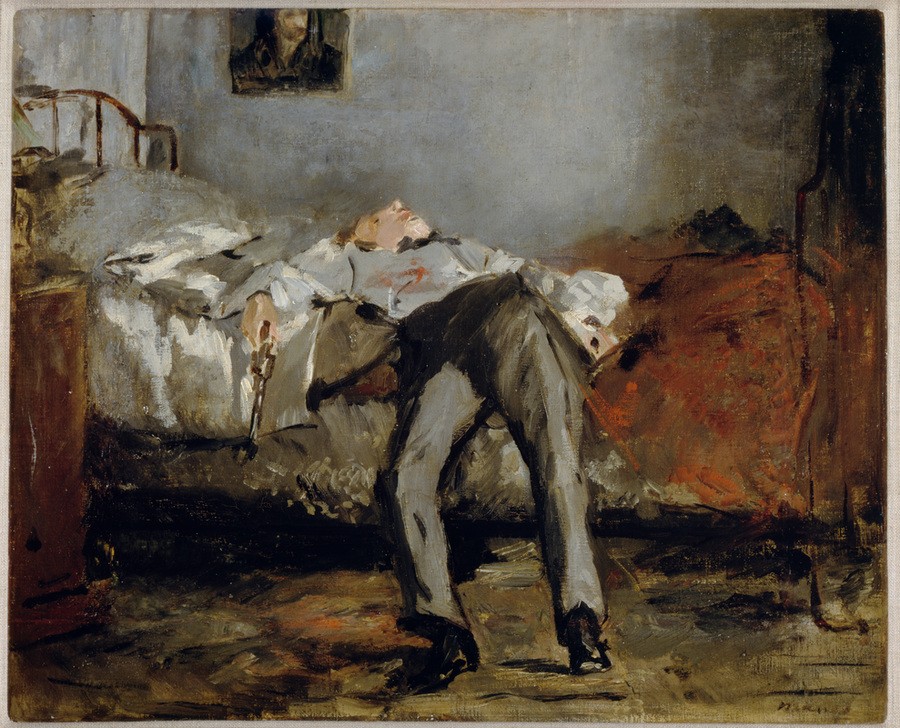 Edouard Manet, Le suicide (Bett,Erschiessen,Leiche,Mann,Möbel,Schlafzimmer,Selbstmord,Tod,Wohnung,Impressionismus,Pistole,Französische Kunst,Kleidung (Allgemein))